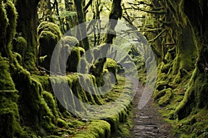 mossy path leading through a forest on volcanic ash