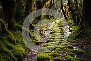 Mossy path winding through a dense forest with trees and ferns. Generative AI