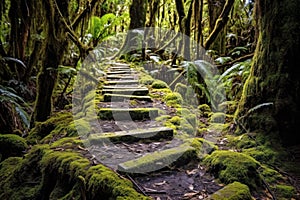 Mossy path winding through a dense forest with trees and ferns. Generative AI