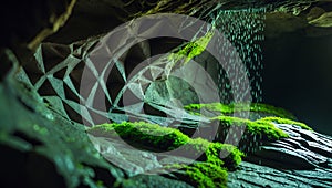 Mysterious Cave with Moss and Water Dripping