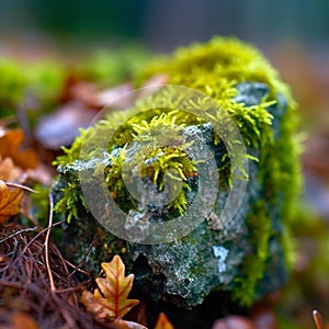 Mossy Rock with Colorful Leaves in Morning Light photo