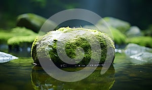 mossy rocks in river macro, ai generative