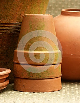 Mossy stacked flowerpots