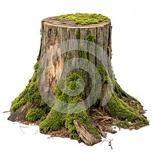 Mossy tree stump isolated on white background photo