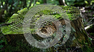 A mossy tree trunk with the intricate code of a block etched into its bark photo