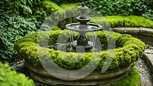 A Mossy Water Fountain in a Botanical Garden