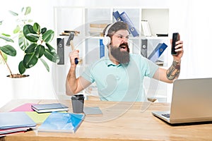 Most annoying thing about work in call center. Incoming call. Annoying client calling. Man bearded guy headphones office
