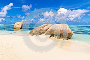 The most beautiful beach of Seychelles, Anse Source d`Argent, tropical island La Digue in Seychelles