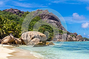 The most beautiful beach of Seychelles, Anse Source d`Argent, tropical island La Digue in Seychelles