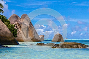 The most beautiful beach of Seychelles, Anse Source d`Argent, tropical island La Digue in Seychelles