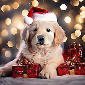 beautiful golden retriever puppy with a red santa claus hat sits under christmas tree with gifts and light blur background.