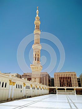 Most beautiful Minaret in Islamic architecture view from the roof of Medina& x27;s modque