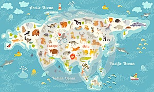 The most detailed animals world map, Eurasia. Also, birds, ocean life, reptiles, and mammals. Beautiful cheerful colorful vector i