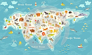 The most detailed animals world map, Eurasia. Also, birds, ocean life, reptiles, and mammals. Beautiful cheerful colorful vector i photo