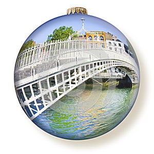 The most famous bridge in Dublin called Half penny bridge in Christmas ball concept
