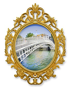 The most famous bridge in Dublin called Half penny bridge concept image with a golden wooden frame