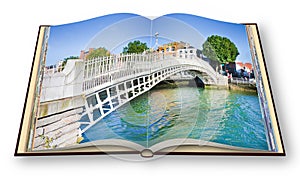 The most famous bridge in Dublin called Half penny bridge due to the toll charged for the passage - 3D render opened photo book is