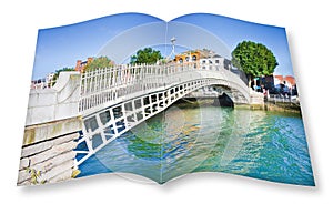 The most famous bridge in Dublin called Half penny bridge due to the toll charged for the passage - 3D render opened photo book is