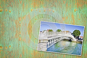 The most famous bridge in Dublin called `Half penny bridge` due to the toll charged for the passage - Concept image with copy spac