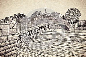 The most famous bridge in Dublin called Half penny bridge due to the toll charged for the passage - free hand sketch concept image