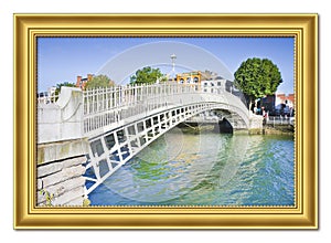 The most famous bridge in Dublin called `Half penny bridge` due to the toll charged for the passage - Wooden golden frame concep