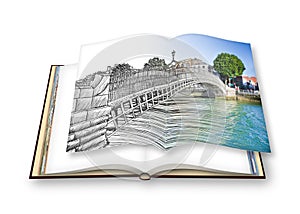 The most famous bridge in Dublin called `Half penny bridge`- freehand sketch concept image - 3D render of an opened photo book