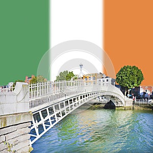 The most famous bridge in Dublin called `Half penny bridge` on Irish flag background - concept image with copy space