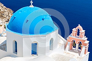 The most famous church on Santorini Island,Crete, Greece. Bell tower and cupolas of classical orthodox Greek church