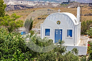 The most famous church on Santorini Island,Crete, Greece. Bell tower and cupolas of classical orthodox Greek church