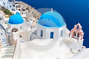 The most famous church on Santorini Island,Crete, Greece. Bell tower and cupolas of classical orthodox Greek church