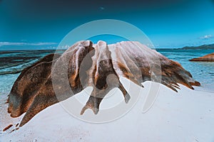 The most famous granite boulder near tropical beach Anse Source d'Argent, La Digue Island, Seychelles