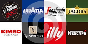 Most famous logo brands Coffee produce, Lavazza, Illy, Nespresso, Nescafe, CaffÃÂ¨ Vergnano, Segafredo, Jacobs, Kimbo, vector