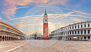 Most famous medieval square of Venice, exclusive sunset panorama, Italy