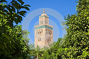 The most important mosque in Marrakech called Kutubiyya or Koutoubia, with the ancient minaret built with bricks according to an