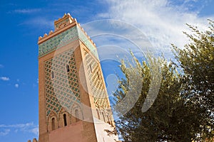 The most important mosque in Marrakech called Kutubiyya or Koutoubia, with the ancient minaret built with bricks according to an