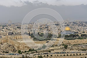 Most important world holy places. Panorama of the old city Jerusalem, the Dome of the Rock, monumental defensive walls