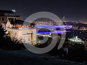 Most na Adi bridge at night in Belgrade, Serbia