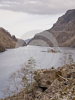 The most photographed Norwegian cabin, hytte, Lovrafjorden, a side fjord to Sandsfjorden in Suldal municipality in Rogaland