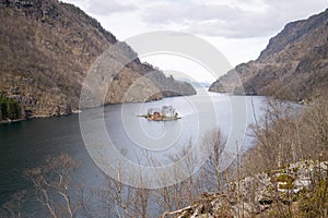 The most photographed Norwegian cabin, hytte, Lovrafjorden, a side fjord to Sandsfjorden in Suldal municipality in Rogaland