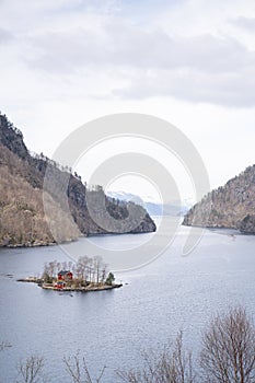 The most photographed Norwegian cabin, hytte, Lovrafjorden, a side fjord to Sandsfjorden in Suldal municipality in Rogaland