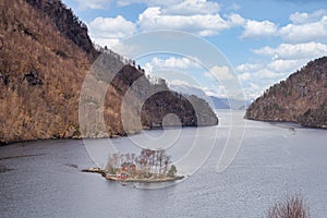 The most photographed Norwegian cabin, hytte, Lovrafjorden, a side fjord to Sandsfjorden in Suldal municipality in Rogaland