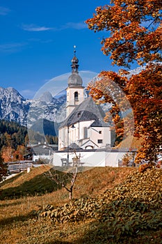 Most photographic church in the middle of Alp mountains at Ramsau village near Berchtesgaden, Germany