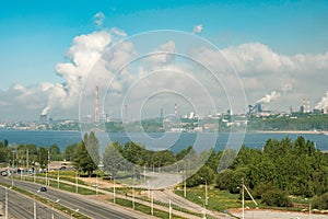 The most polluted city in Russia is Cherepovets. Smoke from the pipes smog clouds over the city. View from the height