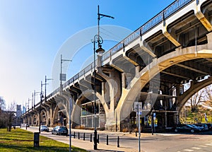 Most Poniatowskiego Bridge arch and overpass construction over Kruczkowskiego street and Powisle district of Warsaw in Poland