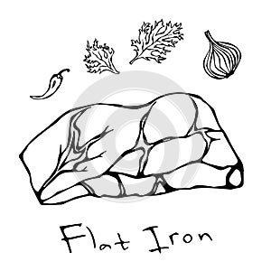 Most Popular Steak Flat Iron Beef Cut. Meat Guide for Butcher Shop or Steak House Restaurant Menu. Hand Drawn Illustration. Savoya