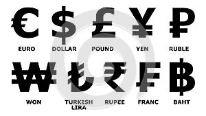 Most used currency symbols on white background
