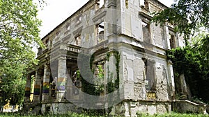 Mostar, Bosnia and Herzegovina - April 2019: Destroyed building at the former front line of the war on Mostar.