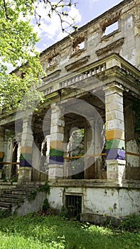 Mostar, Bosnia and Herzegovina - April 2019:  Destroyed building at the former front line of the war on Mostar.