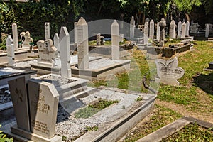 MOSTAR, BOSNIA AND HERZEGOVINA - JUNE 10, 2019: Cemetery at Karadoz Beg Mosque in Mostar. Bosnia and Herzegovi