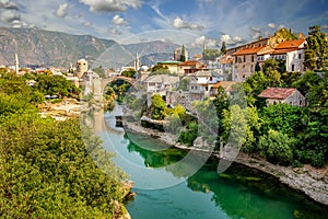 Mostar bridge in Bosnia and Herzegovina. Colorful landscape